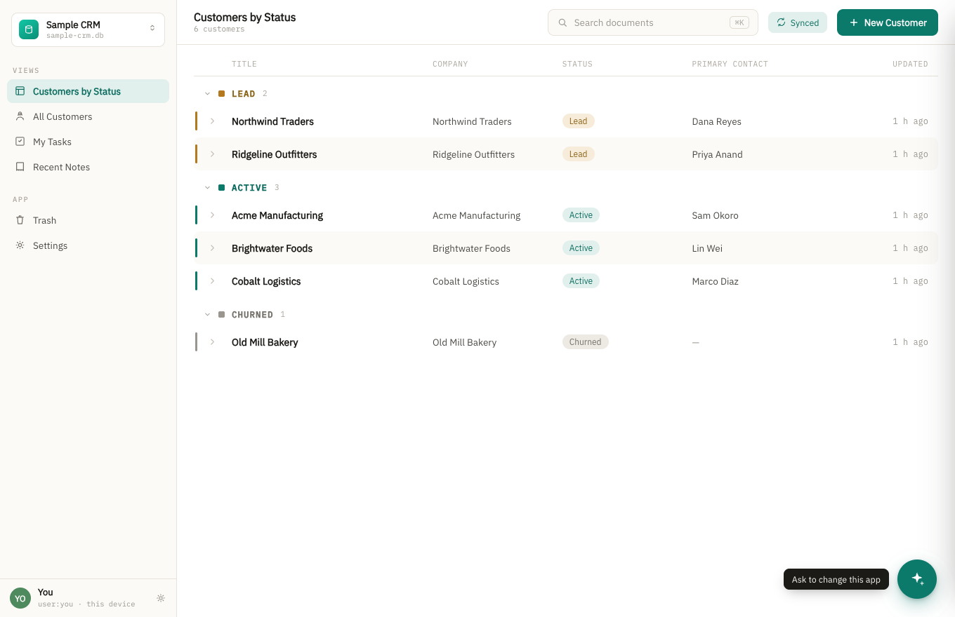 A Bionic Forms CRM app: customers grouped by status, with a sidebar of views, search, and a live sync indicator — all running locally.